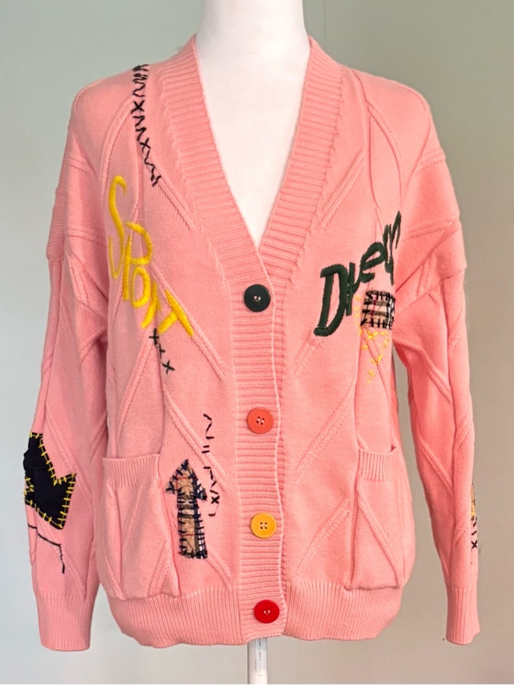 Y2K Letter Cardigan, Peach, EUC, Size XS